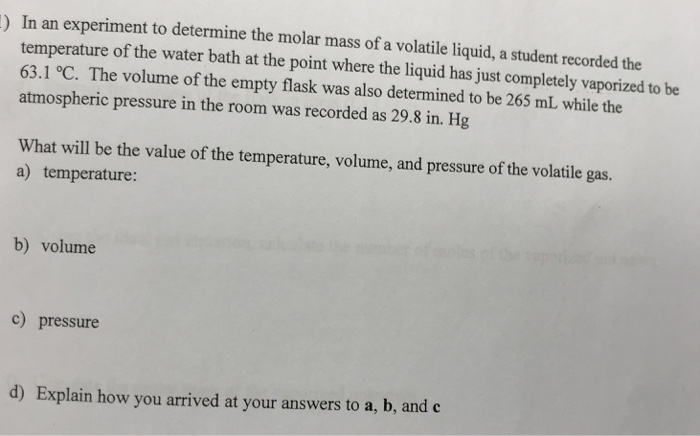 Experiment 9 molar mass of a volatile liquid