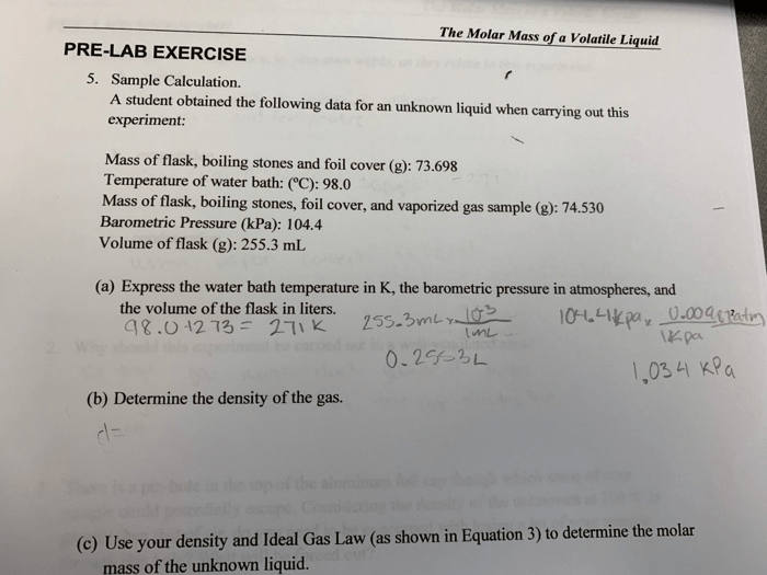 Experiment 9 molar mass of a volatile liquid